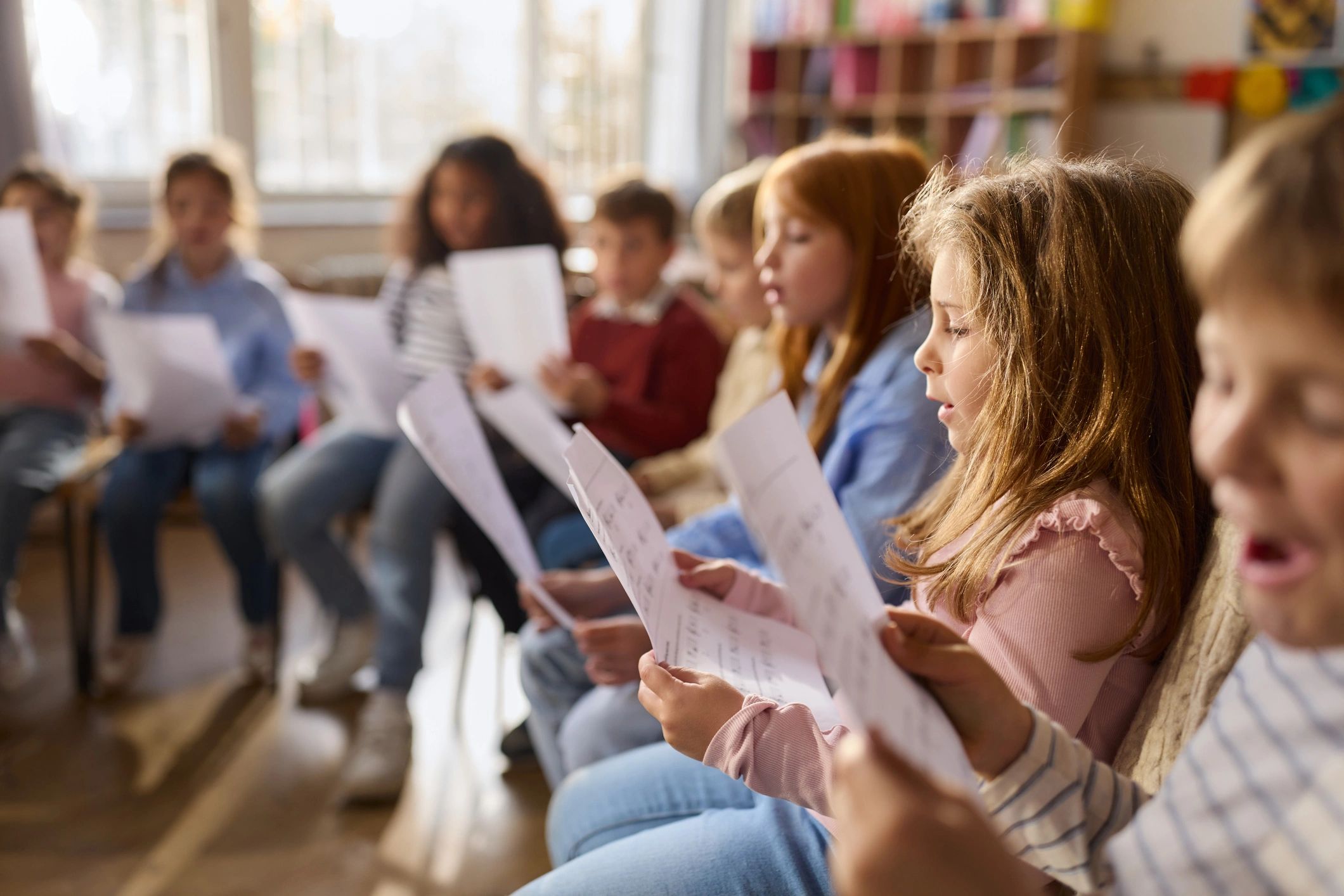 Students singing together during a music lesson